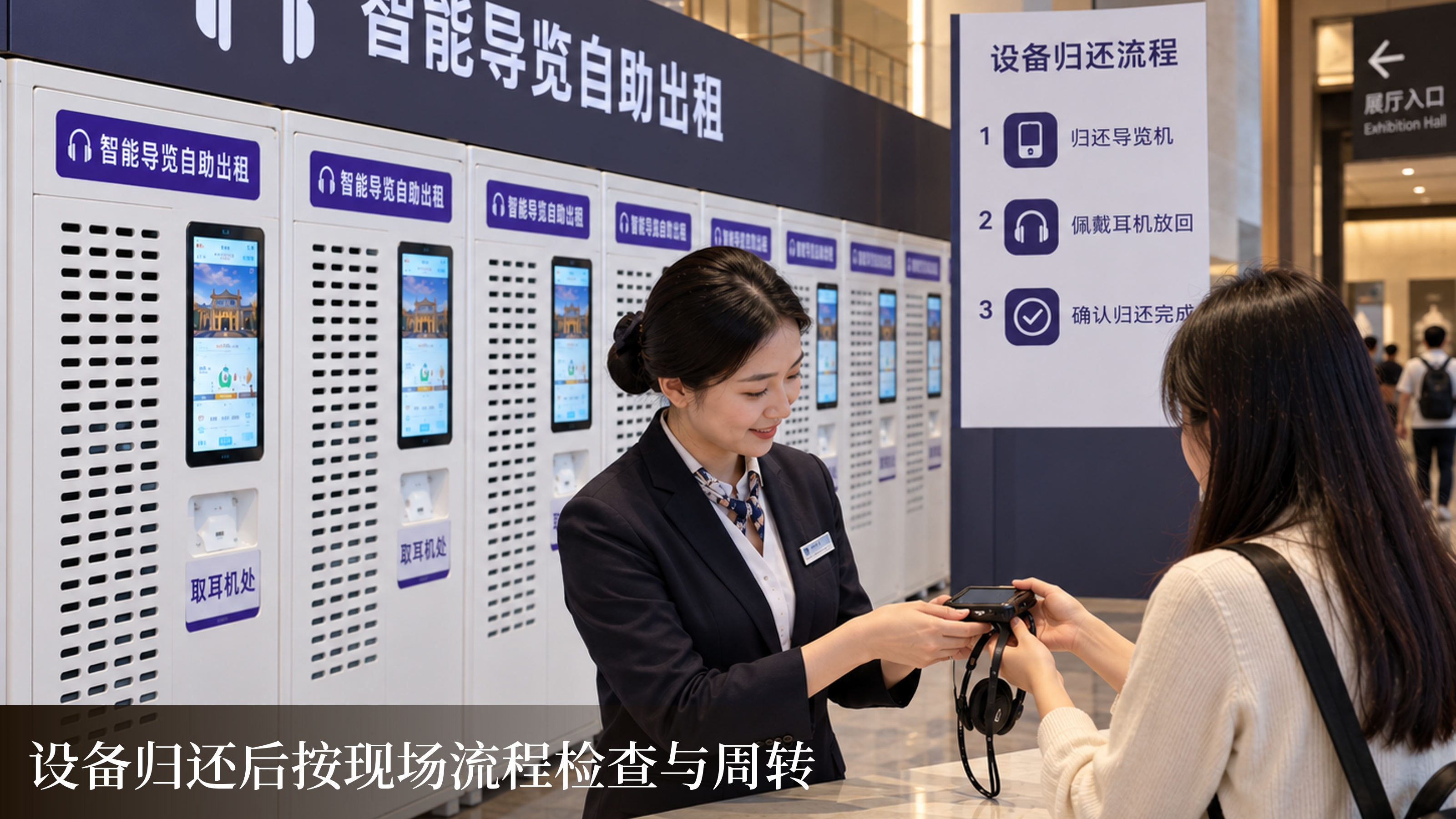 工作人员在导览自助出租柜前接收观众归还的导览机