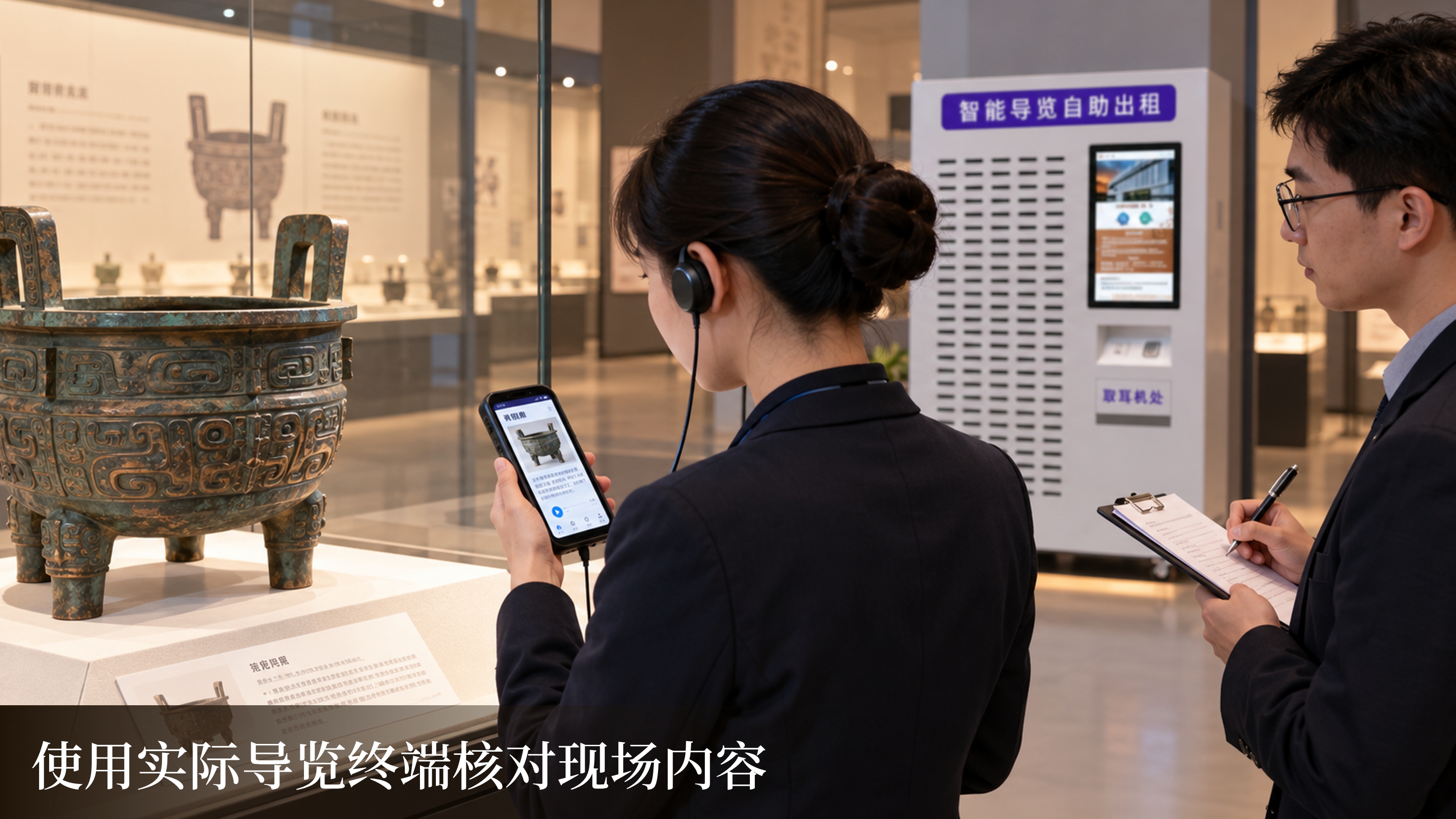 展厅中佩戴耳机使用导览终端并对照展品记录核对情况的场景示意