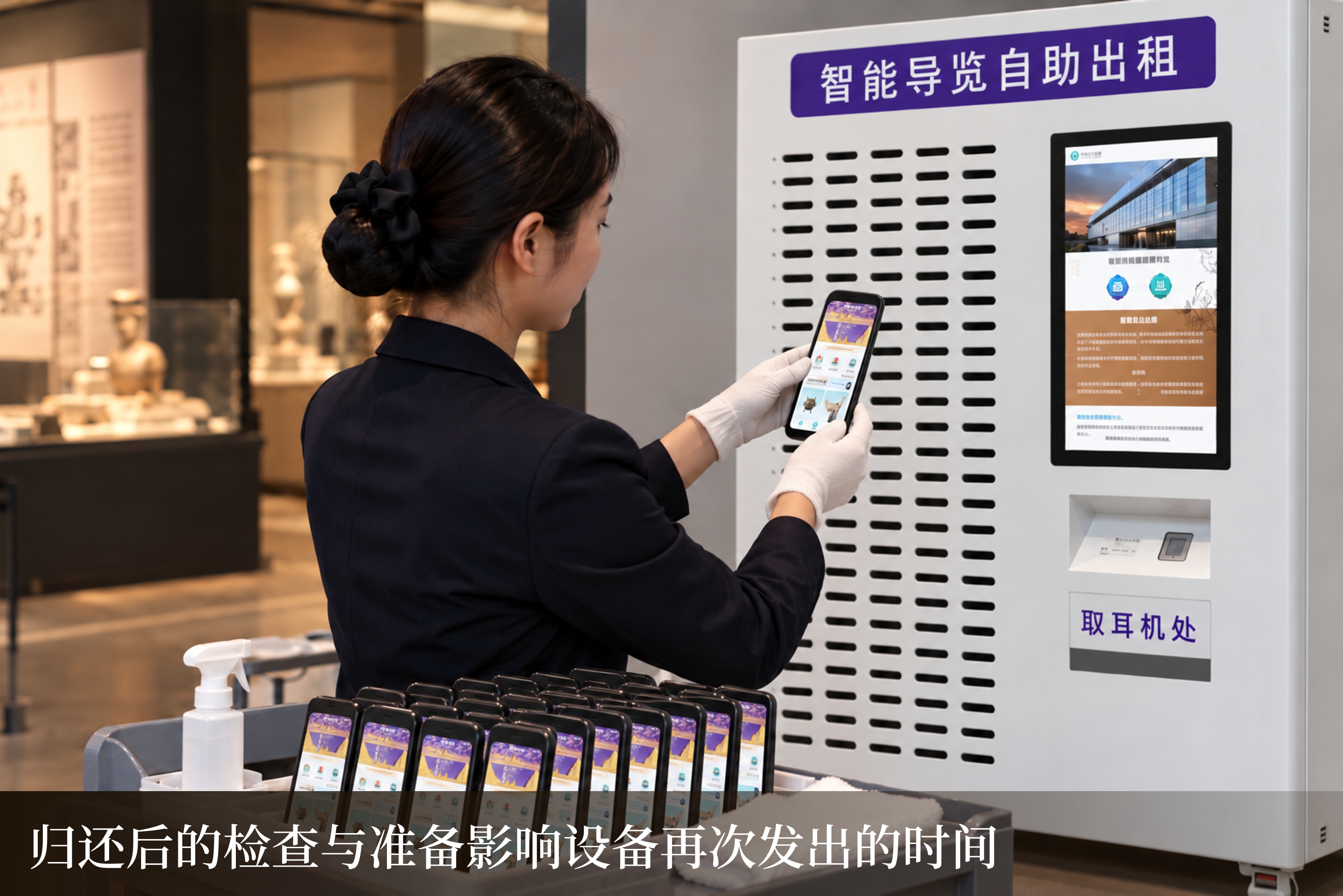 工作人员戴手套检查手持导览终端,工作台上摆放多台设备,旁边为自助出租柜的场景示意