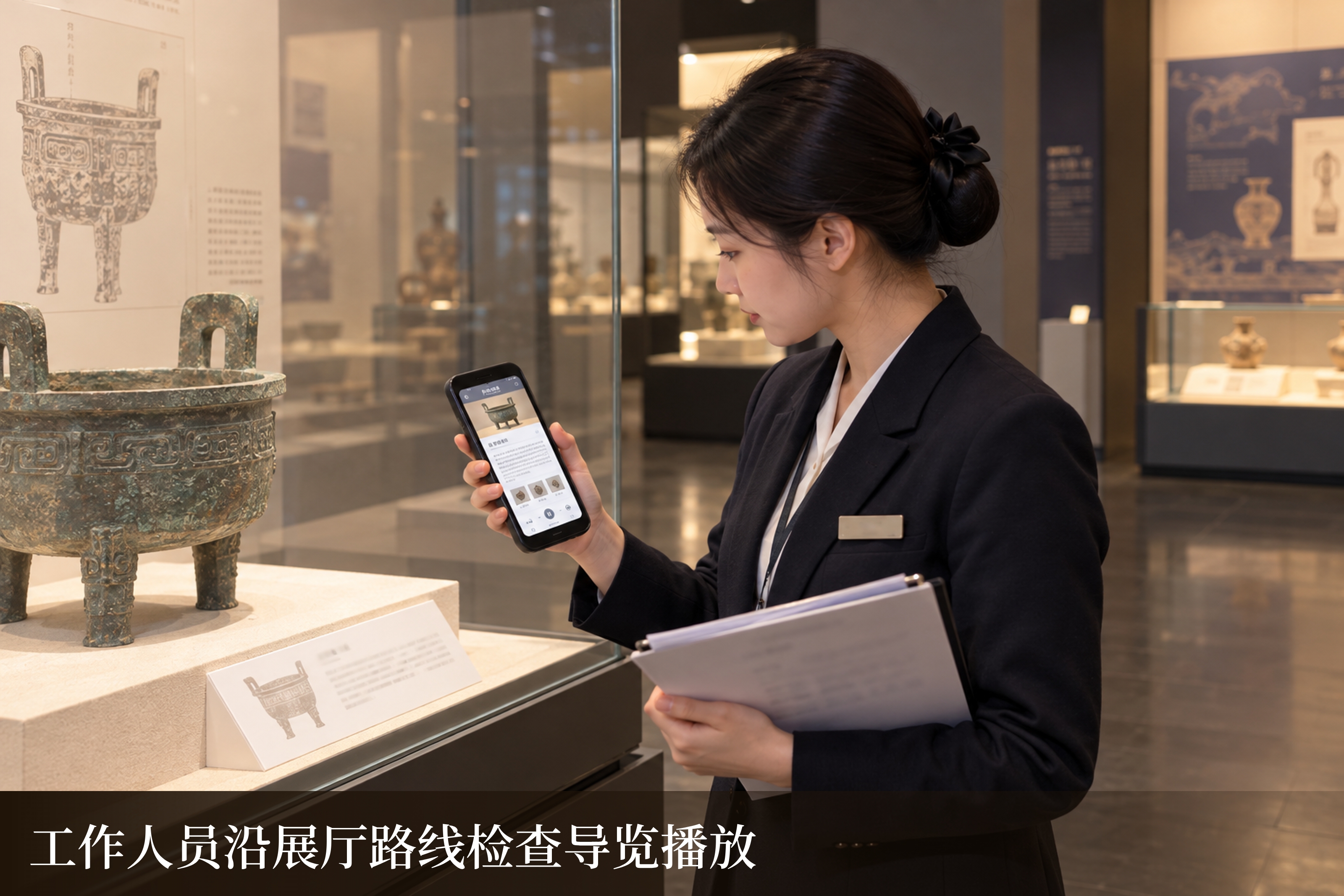 工作人员在展柜前手持导览设备并携带检查资料的场景示意
