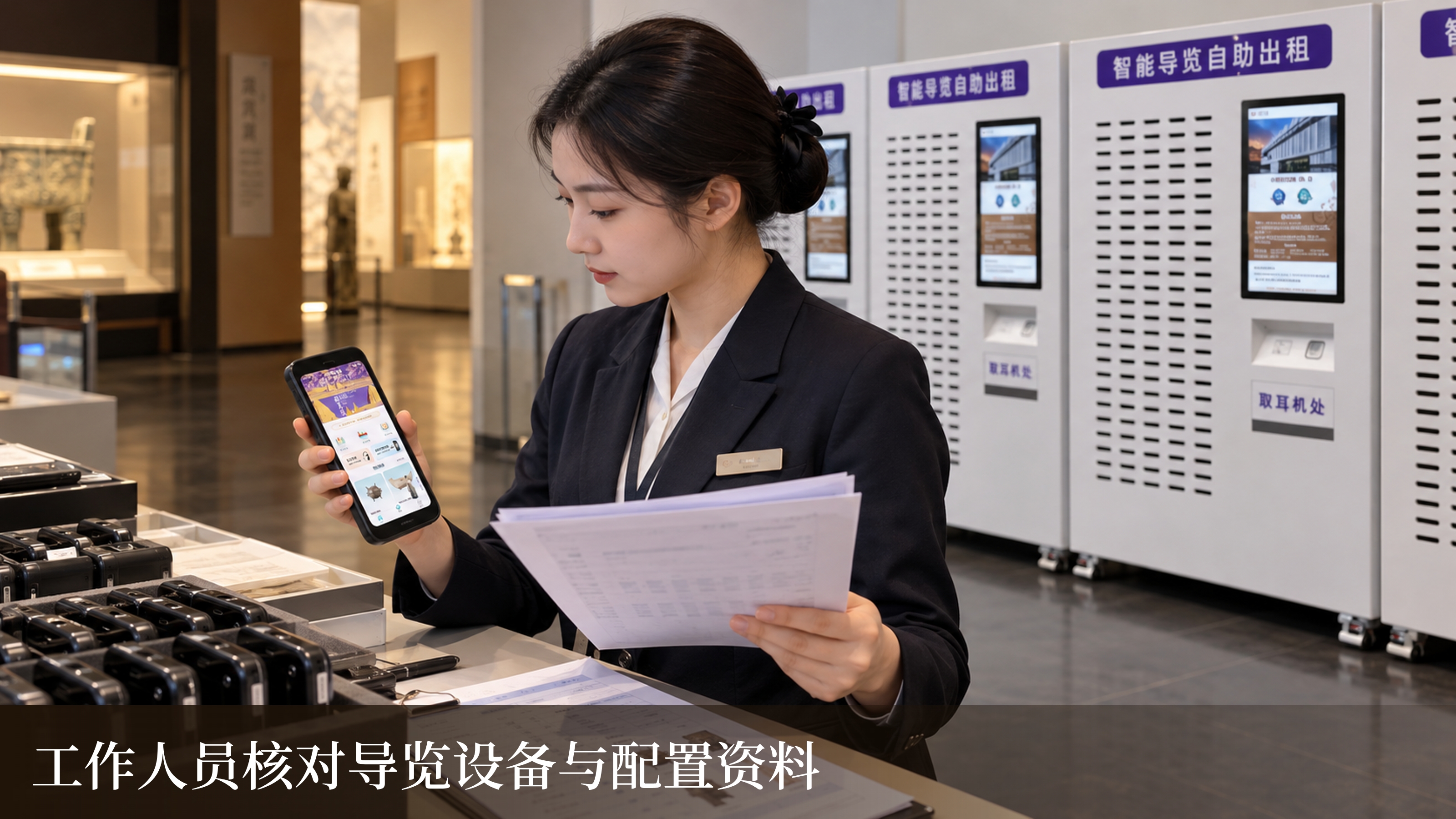工作人员手持导览设备核对资料,旁边摆放多台终端并设有自助出租柜的场景示意